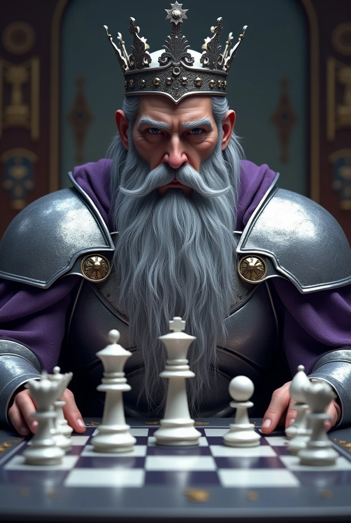 king made of silver and strong steel bearded with crown sitting in front of a chessboard showing the entire table, showing respect with purple details on his armor seen from the front camera away