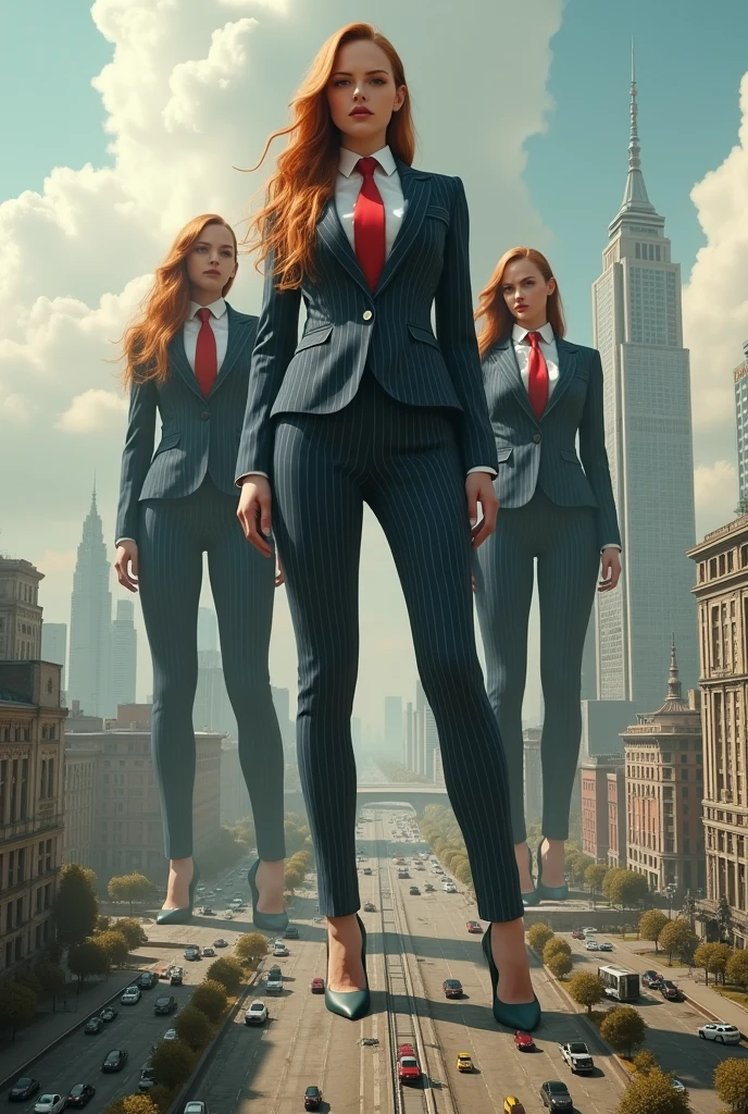 Highly detailed Giantess shot, multiple mega Giantess, Emma Watson, multiple women, big breasts, hourglass figures, long red hair, pinstriped suit, white shirt, huge red tie Windsor knot, high heels, very small metropolis, miniature metropolis, crush the big city, full body description, ＧＴＳ, Giga Goddess, Stomping City, crash city, micro city, High resolution, highest quality, masterpiece, 
