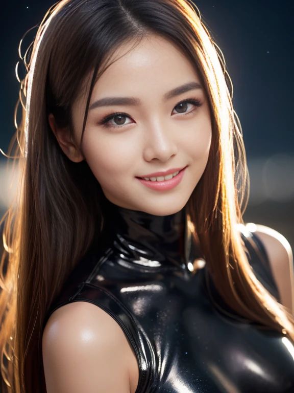 Latex bodysuit、Knee-high boots、Huge 、Long brown hair、Shiny, Oily skin、Glowing Skin、Indoor competition pool、White skin、 Body Portrait, 8k, Narrow and beautiful eyes, Dindal effect, masterpiece, 最high quality, high quality, High resolution, Very detailed photos, (Natural skin texture, Fine skin, Hyperrealism, Ultra Sharpness) , Skin with attention to detail, (Very fine, Fine skin texture, Intricate details, Beautiful Face, (A vivid face), Realistic eyes, Beautiful and detailed, Realistic Skin, Beautiful Skin, surreal, Very detailed, Golden Ratio, Smiling Eyes, ((Night moonlight background)), Body Portrait, glamorous, Shiny Bodysuit