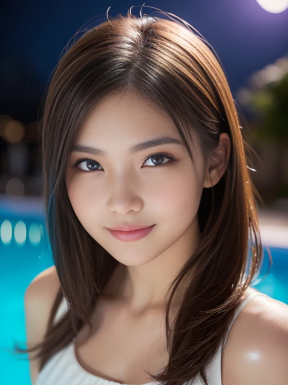 Latex bodysuit、Knee-high boots、Huge 、Long brown hair、Shiny, Oily skin、Glowing Skin、Indoor competition pool、White skin、 Body Portrait, 8k, Narrow and beautiful eyes, Dindal effect, masterpiece, 最high quality, high quality, High resolution, Very detailed photos, (Natural skin texture, Fine skin, Hyperrealism, Ultra Sharpness) , Skin with attention to detail, (Very fine, Fine skin texture, Intricate details, Beautiful Face, (A vivid face), Realistic eyes, Beautiful and detailed, Realistic Skin, Beautiful Skin, surreal, Very detailed, Golden Ratio, Smiling Eyes, ((Night moonlight background)), Body Portrait,  glamorous, Shiny Bodysuit