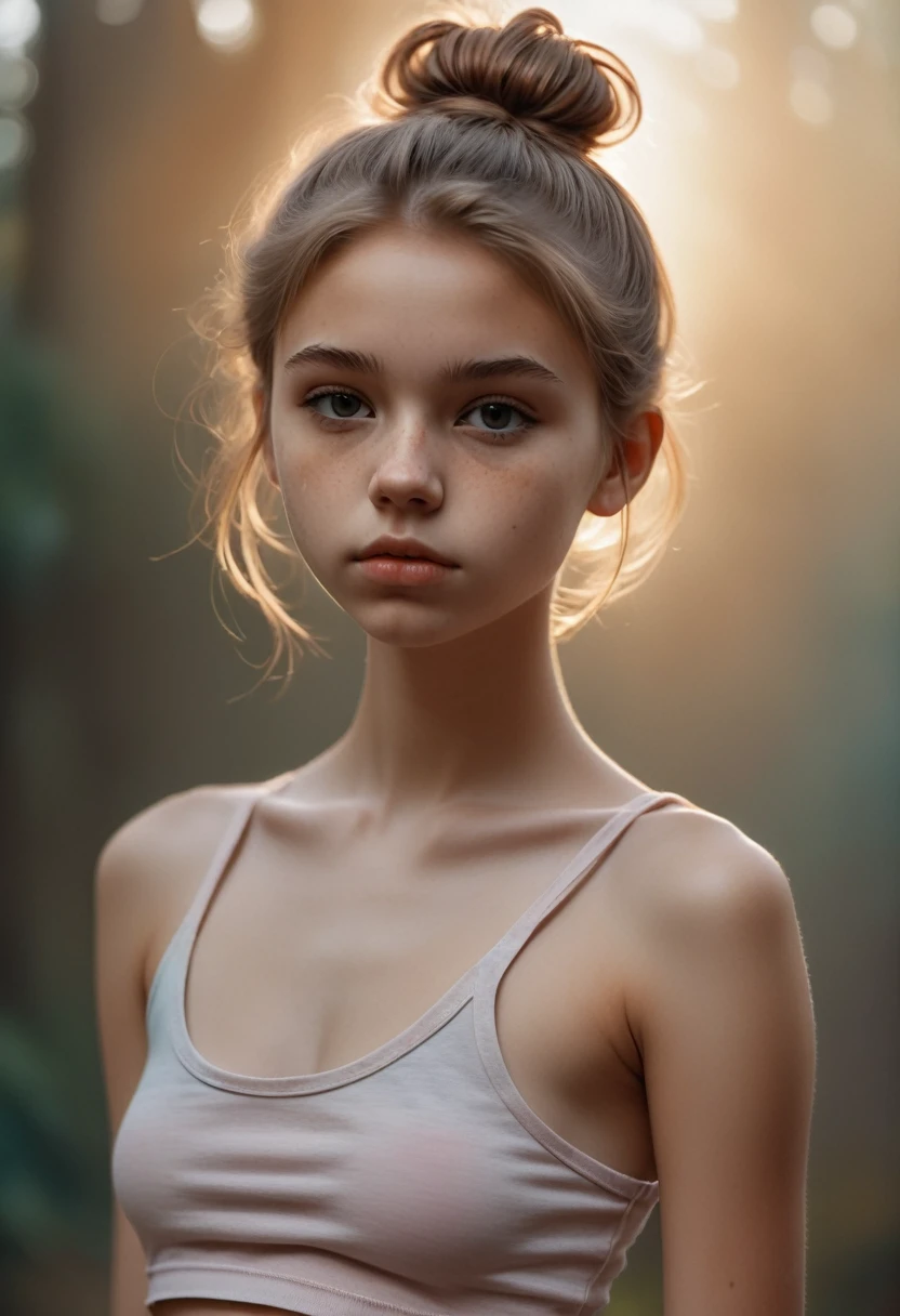 (Cinematic photo: 1.3) From (really: 1.3), (comfortable: 1.3) Beautiful 18 year old girl, (difficult messy bun of light brown hair), высокодеталFromированная текстура кожи, skinny shoulders, realistic texture кожи, looks straight into the camera, (looks at the viewer), pout, pastel, Shine, Dramatic, Dreamy, pastelный цветочный сад, Thin, skinny, gentle, Высокая деталFromация, difficult, digital painting, Fantasy theme,skinny , bare belly, Fantasy concept art , Fantasy Characters, Beautiful age girl, Perfect body, highly detailed full-length shot, Dreamy, pastel, watercolor, strange, gentle, highly detailed texture, realistic texture, digital painting, высокодеталFromированная фотография (art deco: 1.3), (ФотореалFromм: 1.3), (Классический реалFromм: 1.3), (Fujifilm Superia: 1.3), Natural, golden hour light