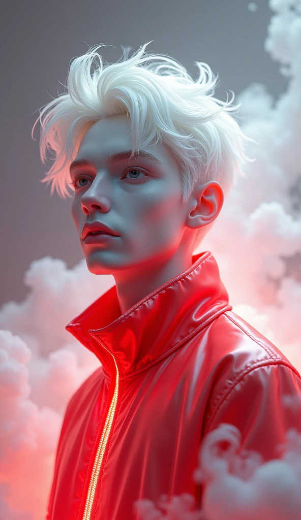 Create a 3D illustration of a 25 year old boy pure devine White skin, wearing a red jacket with glowing color, smoke artistically forming a frame edit Photoshop Computer named, style, detailed face, focus on face, 8K