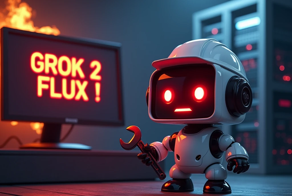 a cute white robot with red pixel eyes holding a wrench with a hard hat, standing in front of a server rack in the background that is smoking and beginning to catch fire with a monitor in the back that says "GROK 2 FLUX !" in a red pixel font with a red pixel sad face