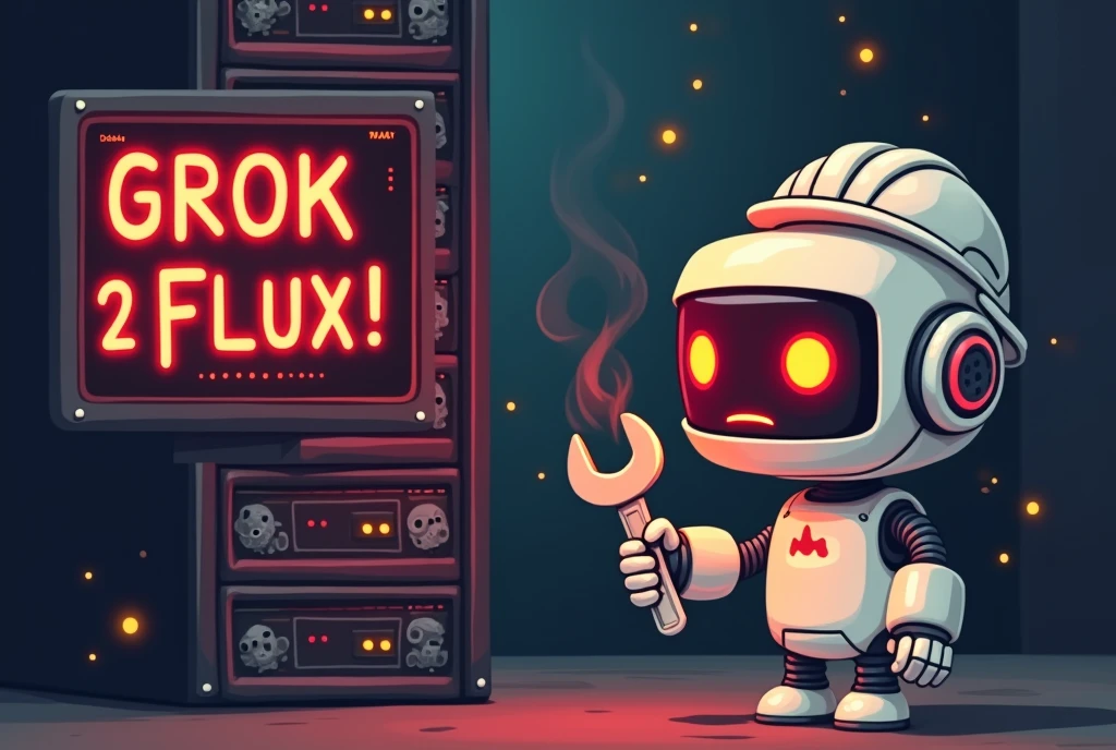 a cute white robot with red pixel eyes holding a wrench with a hard hat, standing in front of a server rack in the background that is smoking and beginning to catch fire with a monitor in the back that says "GROK 2 FLUX !" in a red pixel font with a red pixel sad face