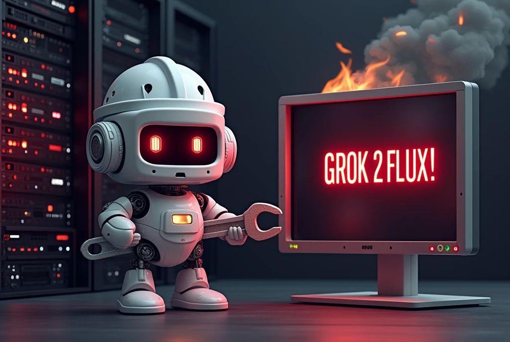 a cute white robot with red pixel eyes holding a wrench with a hard hat, standing in front of a server rack in the background that is smoking and beginning to catch fire with a monitor in the back that says "GROK 2 FLUX !" in a red pixel font with a red pixel sad face