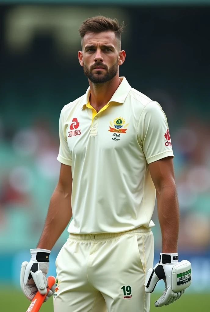 Give me a white jersey number 19,Cricket player with AUS on his jersey, 30 degree front view, The other hand holds a cricket bat drop shadow, anaglyph, stereogram, tachi-e, ass pov, atmospheric perspective, 8k, super detail, best quality