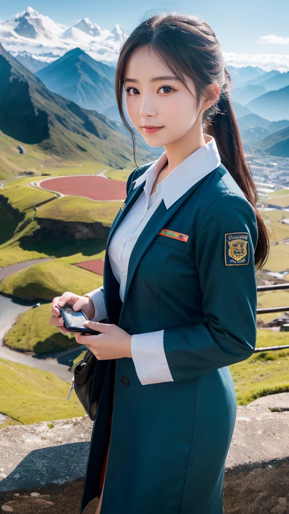 40 year old woman with short hair，Intellectual elegance，Wearing an ankle-length light brown windbreaker，Standing in front of Beijing Railway Station，Buildings behind as background，There is a huge sign with the word &quot;Beijing&quot; erected high on it.