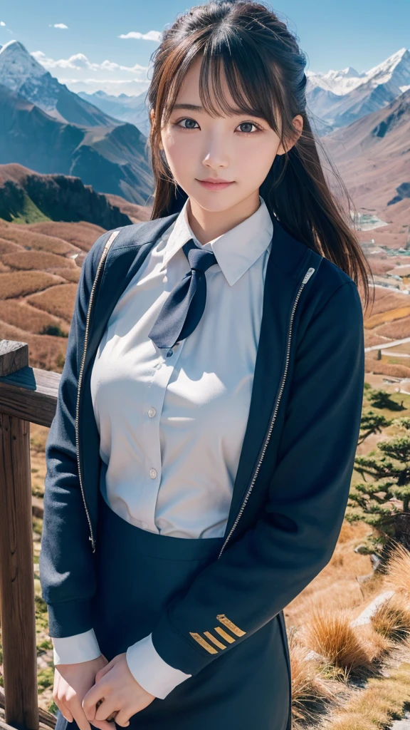 Super detailed, High resolution, Super detaileded, highest quality, wonderful, highest quality,Integrated 8K wallpaper, cinematic lighting, stewardess、20-year-old、Japanese、in mountain