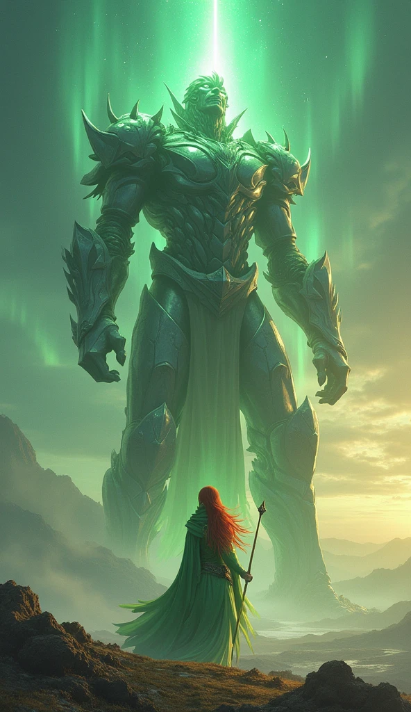 In a vast, mystical landscape, where the sky shimmers with the colors of the evening aurora, the graceful summoner Seraphina stands. Her long, flowing red hair is topped with a green hood, and her piercing green eyes are filled with determination. Her elegant robe, made of pale green cloth with magical symbols embroidered on the sleeves, billows gently in the breeze. In her hand is a staff that glows faintly with mystical energy. Seraphina summons Alexander, a massive fortress of gleaming metal and stone, its towering form radiating divine power. With a deep, resonating hum, Alexander activates its Divine Judgment, a blinding beam of holy light that descends from the heavens, purging all evil from the battlefield.