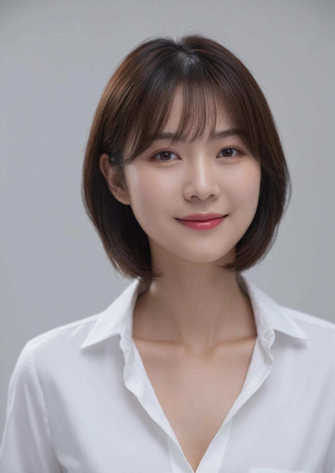 Best Quality, 8k, Masterpiece, (Portrait: 1.3),
(photo realistic:1.4), (hyper realistic:1.4),
Sharp Focus, looking at viewer,
(smoother lighting:1.1),
(increase cinematic lighting quality:0.9),
realistic lighting, backlighting, light on
face, ray trace, (brightening light:1.2)
, (Increase quality:1.4), sharp detail,
(best quality real texture skin:1.4),
finely detailed eyes, black_eyes,
finely detailed face, 25 year old
Korean woman, (rilled_shirt:1.4),
(Create an image maintaining the
original base model hairstyle:1.5),smiling_face