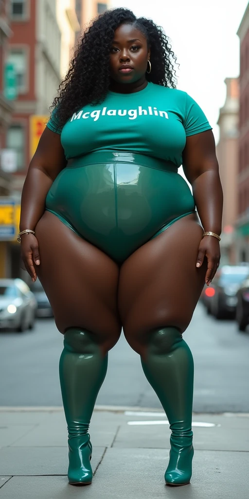 EXTREMELY MASSIVE BUTTOCKS, translucent teal plastic leggings, UHD, city sidewalk, She's a dark skin melanin Queen with tiny paper-thin waist, side body, aquamarine green blouse says "McGlaughlin", best quality, cchic hair, High resolution image, muscular abs + zero waist:2, no nudity