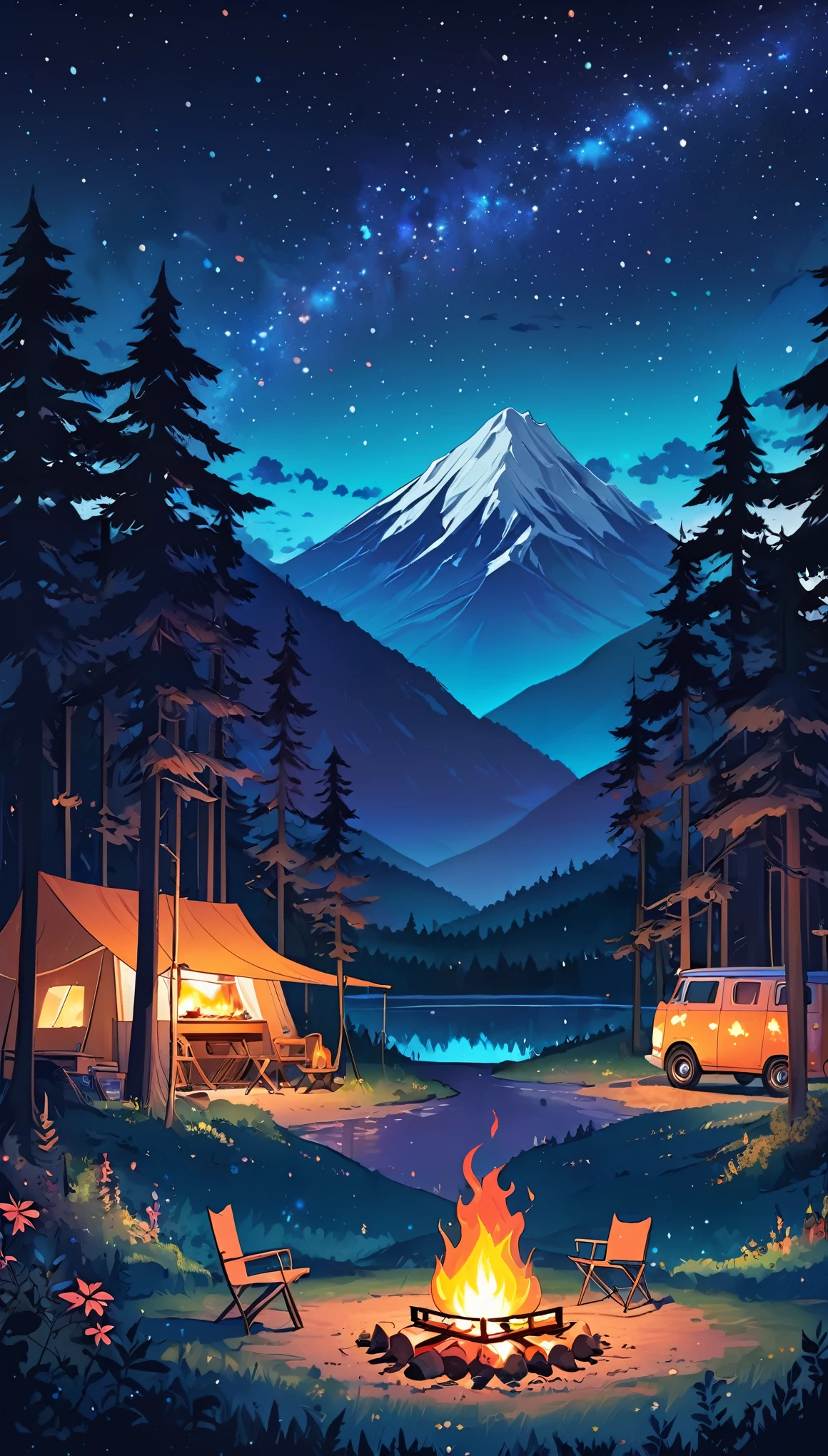 Draw a lofi anime poster style scene of van in the forest, Fairy decoration, campfire, barbecue, starry night, Mountain Background , forest, night, Beautiful color palette, Vivid, saturated colors, artwork, movie cloudy sky, No humans, Dark blue theme