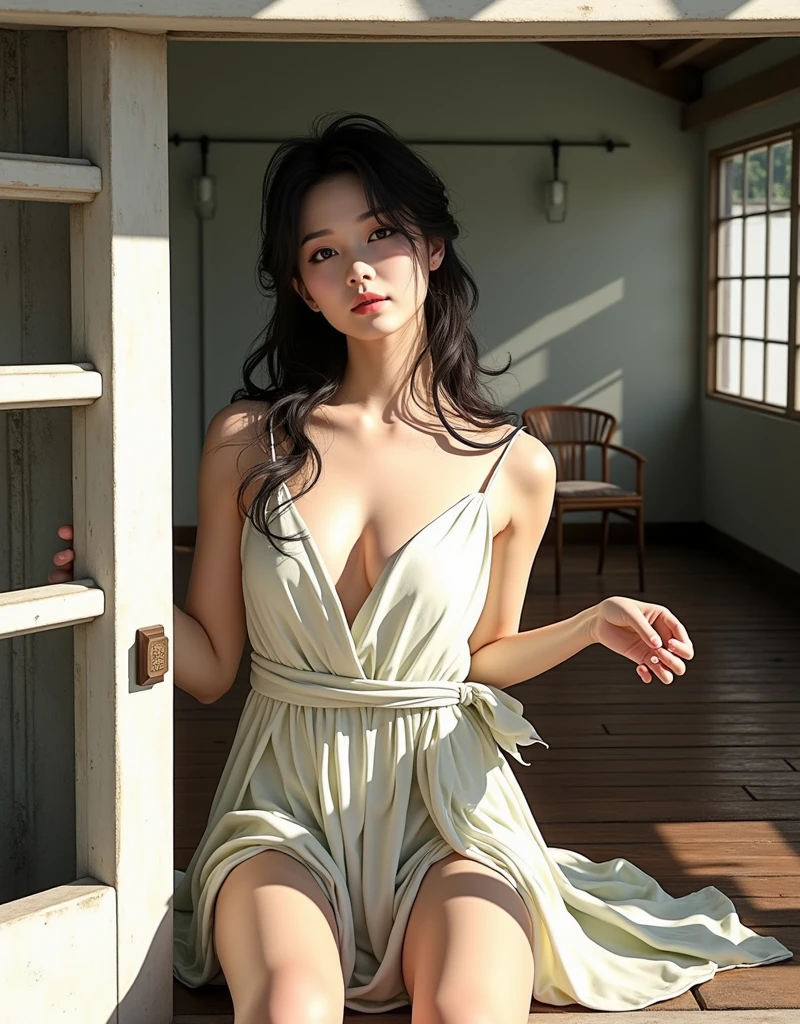 The beautiful sexy woman , japanese woman ,big eyes , natural make , wearing a loose, light-colored dress