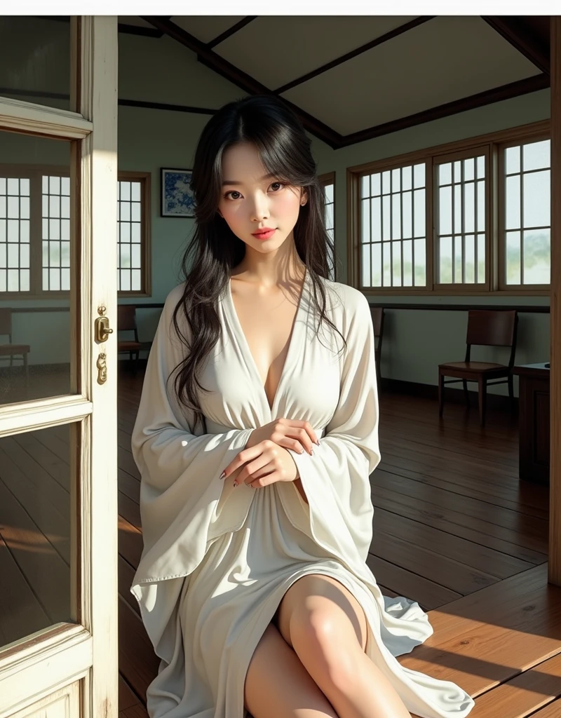 The beautiful sexy woman , japanese woman ,big eyes , natural make , wearing a loose, light-colored dress