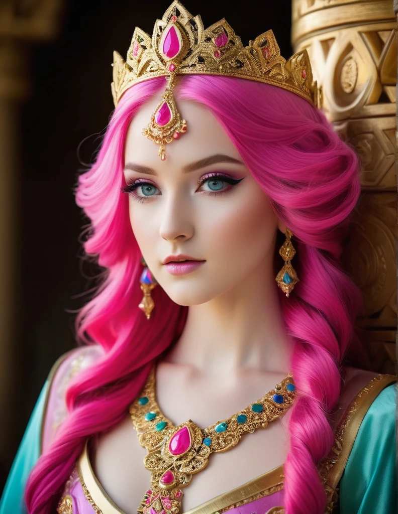A stunningly alluring 25-year-old Caucasian woman, with cascading long bright pink hair, is elegantly dressed as Princess Zelda. The image is a high-quality photograph that expertly captures every detail of her regal attire. Her flawless porcelain skin, strikingly vibrant hair, and intricate costume adornments radiate a sense of royalty. The photo's clarity and lighting enhance her beauty, making her presence truly mesmerizing.
