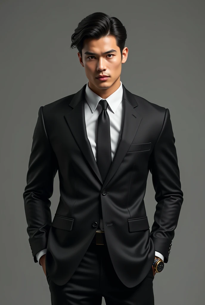 A 24 year old guy with black hair , a lean muscle build, 6 ft tall, a sharp jawline, fair skin wearing a suit, neck length hair with a few accessories like a celebrity