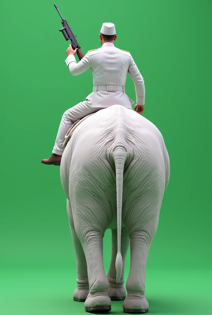 Rear viewed, A white uniforms soldier sitting on a white elephant and carrying a handed gun. Plain full green screen background 