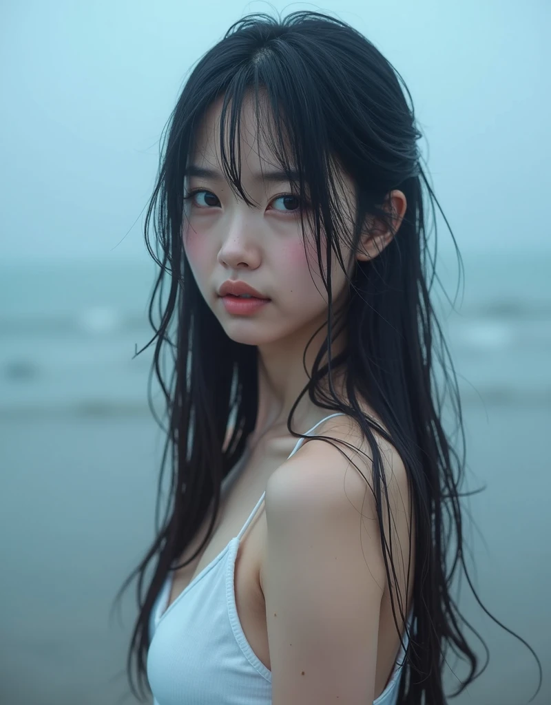 Top quality, one beautiful japanese woman, black color hair , big eyes , A photorealistic image of a young woman with long wet black hair and soft, radiant skin, standing on a beach during a misty morning. she wearing white tanktop with water droplets on her skin, big eyes, black eye,shighlighting her delicate features. Her deep eyes and subtle makeup enhance her natural beauty, complemented by the serene, soft blue background of the sea and sky. The atmosphere is tranquil and slightly moody.