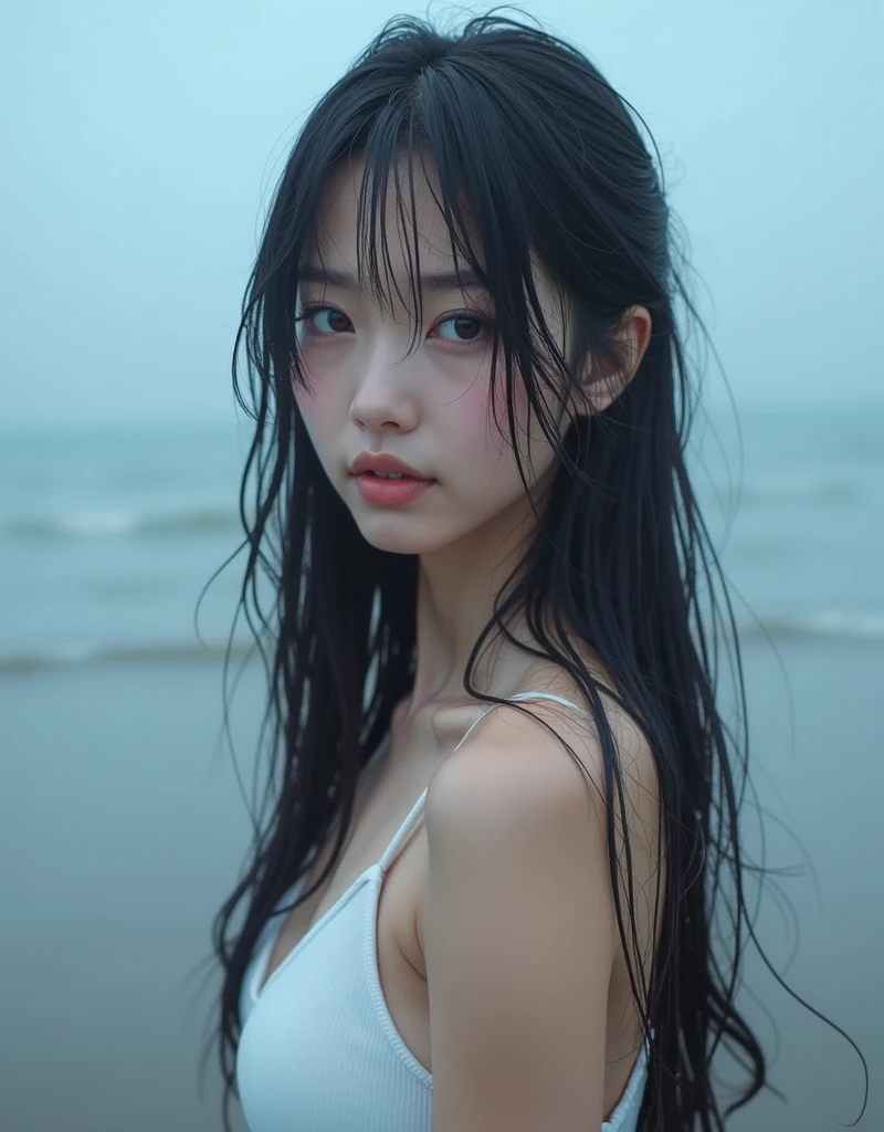 Top quality, one beautiful japanese woman, black color hair , big eyes , A photorealistic image of a young woman with long wet black hair and soft, radiant skin, standing on a beach during a misty morning. she wearing white tanktop with water droplets on her skin, big eyes, black eye,shighlighting her delicate features. Her deep eyes and subtle makeup enhance her natural beauty, complemented by the serene, soft blue background of the sea and sky. The atmosphere is tranquil and slightly moody.