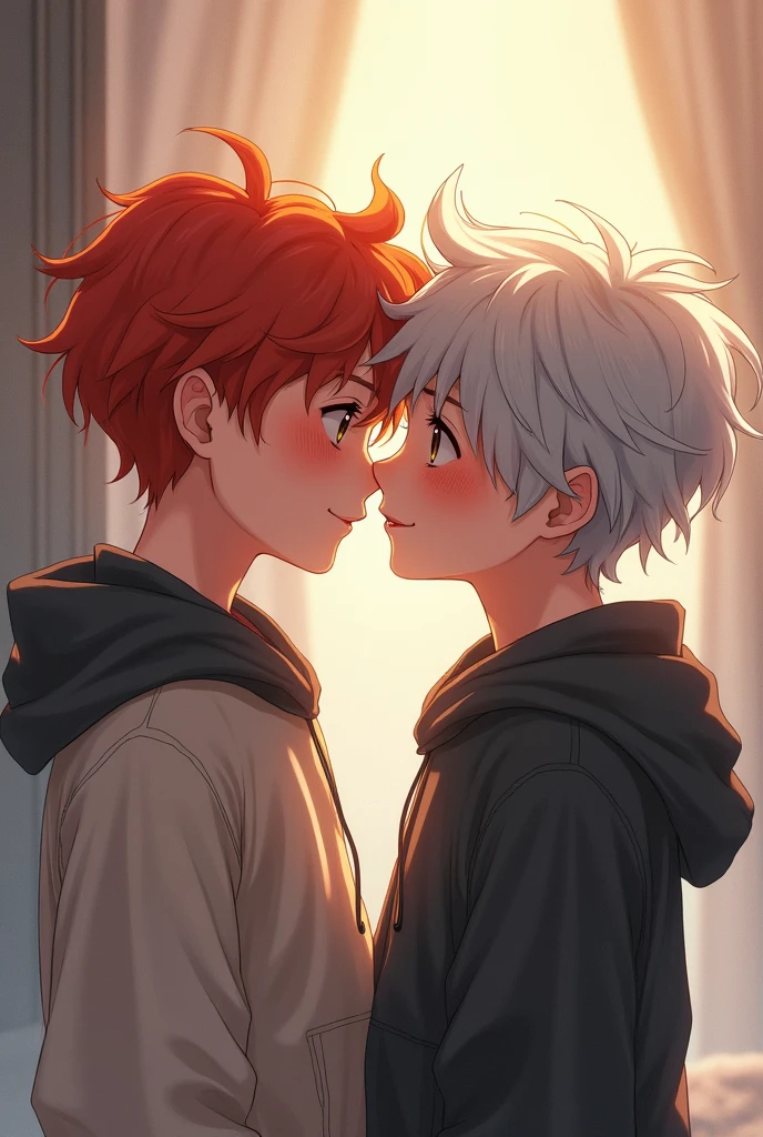 A red-haired boy stood intimately next to a silver-haired boy