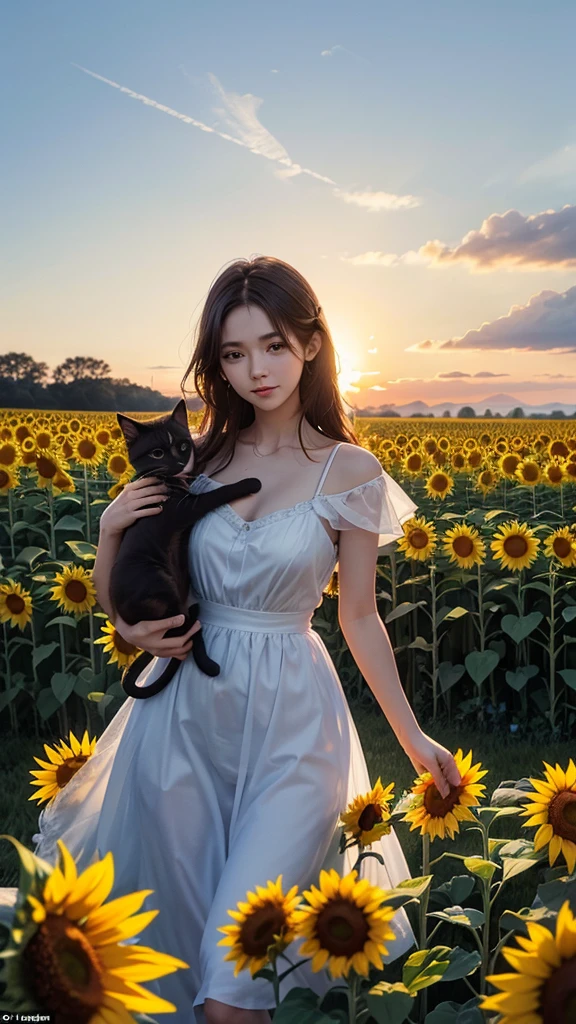 In a sunflower field in the late afternoon, a and her kitten are walking among the tall flowers, with the kitten occasionally patting on a sunflower.