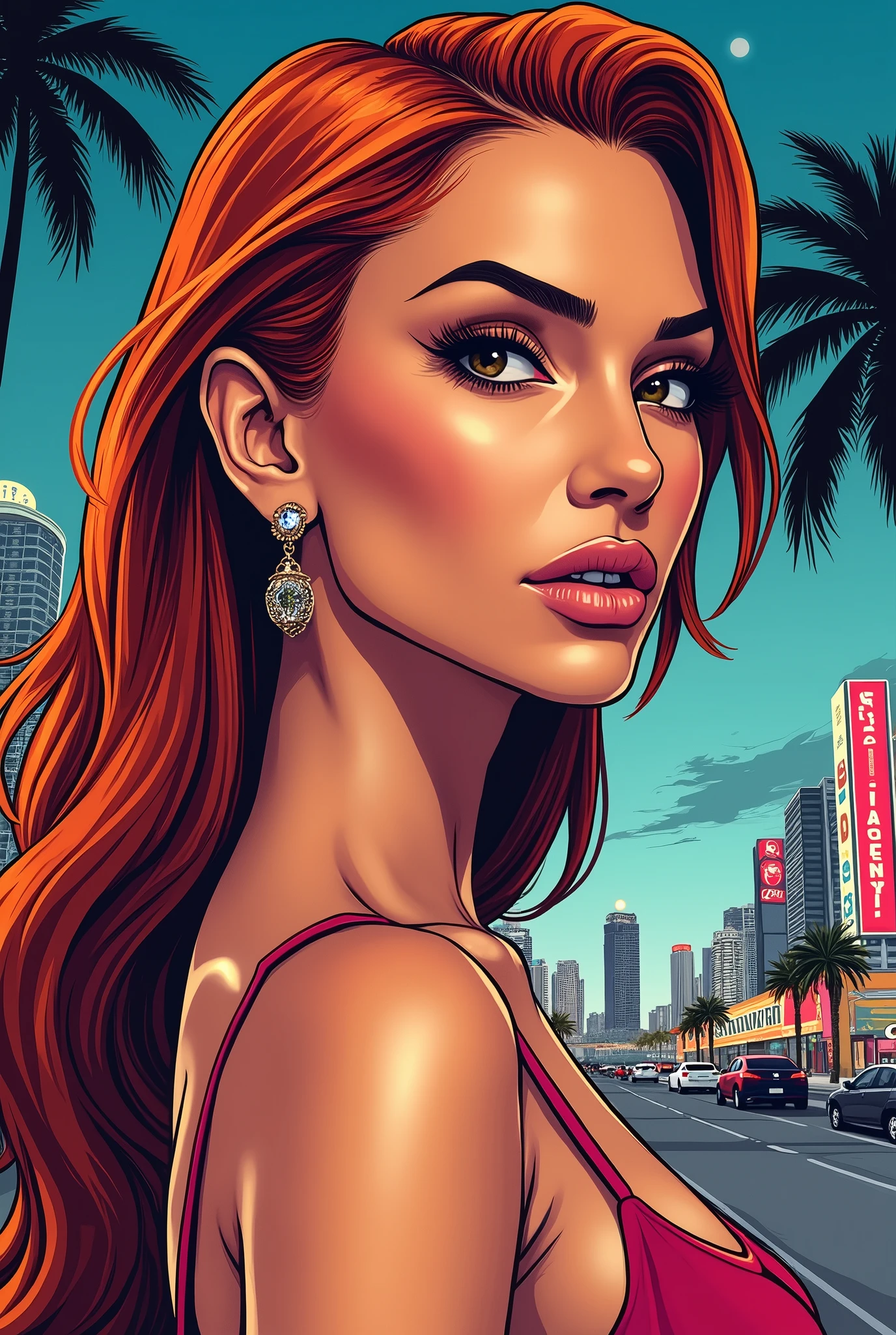 Dessin contour trait epais portrait femme style gta rousse fond ville miami 