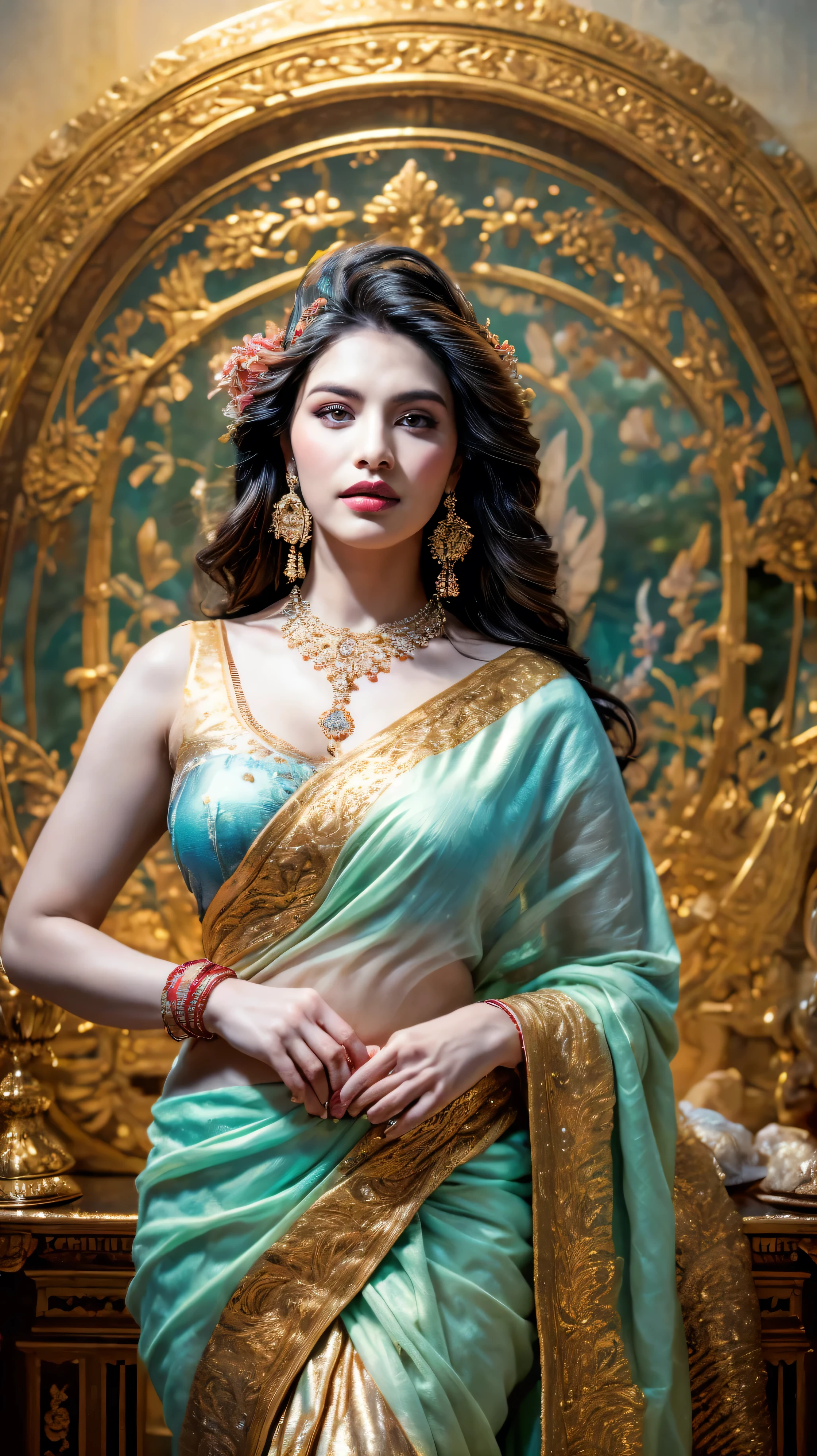 ((Best quality, 8k, Masterpiece :1.3)), Sharp focus :1.2, Generate a realistic image of a beautiful sexy Indian woman plus size body: 8.5 dressed in a white Kasava saree, adorned with traditional ornaments, standing in a well-lit room with cinematic lighting. ((Front view, random elegant pose)), and there is a sense of grace and elegance in her posture. The background should complement the scene, enhancing the overall aesthetic appeal of the image. Photography by Brandon Woelfel, Full shot: Canon EF 16-35mm f/2.8L III USM lens on a Canon EOS 5D Mark IV camera, ultra realistic, 32k, HD
