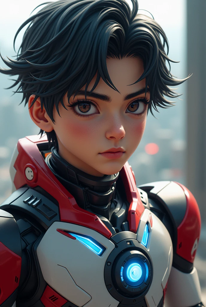 Boy malay Indonesia wear red white exoskeleton. Robot face on body. Led nipple blue. Black hair little white hair detail. . 19 year old boy. Wavy hair. Tan skin. High tech suit. Mirage armor . Taking anger robot face red. Emoji robots. Mechamato. Mechanize robot face at chest. 