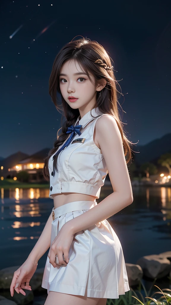 ulzzang-6500-v1.1, (RAW photo: 1.2), (Real photo), (Real photo: 1.4), 1 girl、Perfect anatomy、19 years old、Looking at the camera、Medium length hair、side braids, uniform short white skirt, in a surreal royal garden, under the starry night sky, ((starry night: 1.1))、(Business service)、Asian eyes Ella,