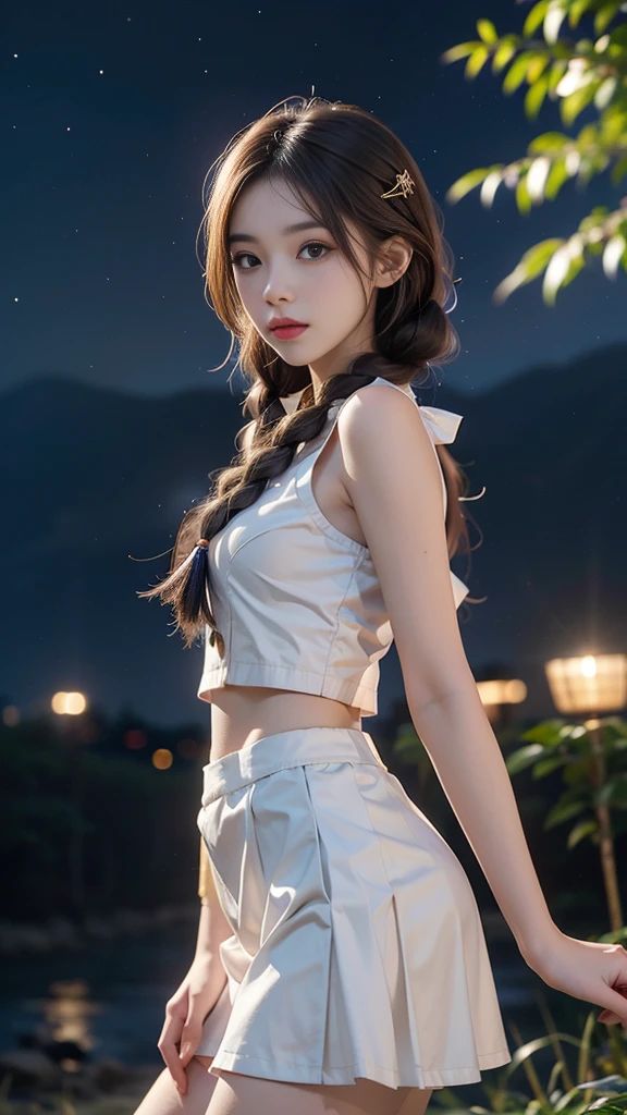 ulzzang-6500-v1.1, (RAW photo: 1.2), (Real photo), (Real photo: 1.4), 1 girl、Perfect anatomy、19 years old、Looking at the camera、Medium length hair、side braids, uniform short white skirt, in a surreal royal garden, under the starry night sky, ((starry night: 1.1))、(Business service)、Asian eyes Ella,