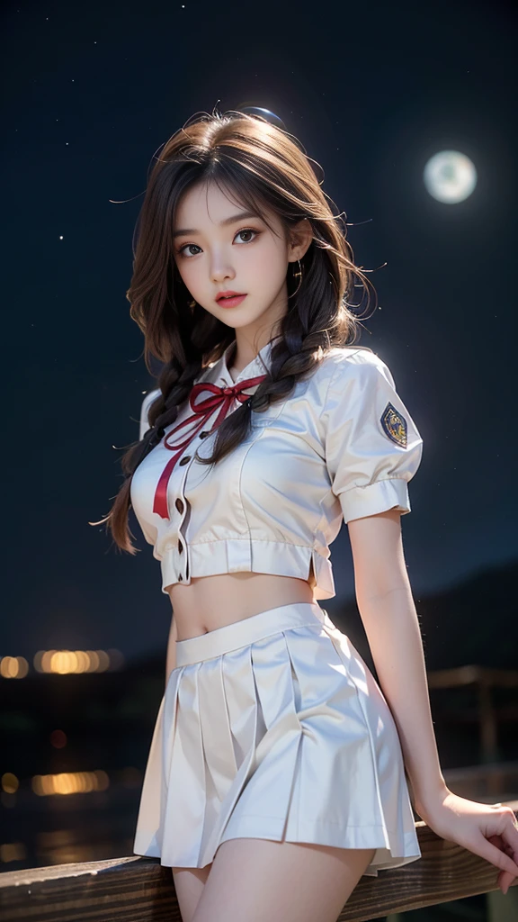 ulzzang-6500-v1.1, (RAW photo: 1.2), (Real photo), (Real photo: 1.4), 1 girl、Perfect anatomy、19 years old、Looking at the camera、Medium length hair、side braids, uniform short white skirt, in a surreal royal garden, under the starry night sky, ((starry night: 1.1))、(Business service)、Asian eyes Ella,