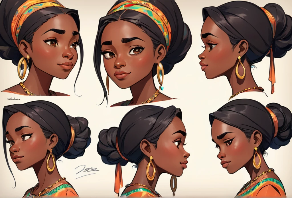  A 30 years old lady (character design sheet) face study for animation, different expressions and view points, front view, side view and back view
African (masterpiece best quality:1.2) delicate illustration ultra-detailed, illustrations, bright, colourful, 