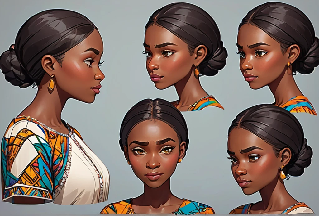  A 30 years old lady (character design sheet) face study for animation, different expressions and view points, front view, side view and back view
African (masterpiece best quality:1.2) delicate illustration ultra-detailed, illustrations, bright, colourful, 