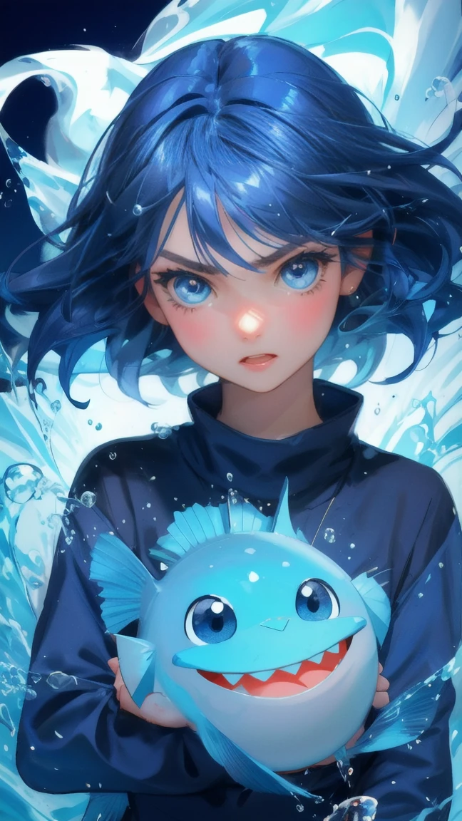 Design an image with a blue-themed background, replacing the angry fish-like creature with an adorable, cute girl. The girl should display a similar expression of exasperation, with large eyes and a wide mouth, in a dynamic, energetic pose. She is surrounded by splashing water and floating bubbles, maintaining the original scene's intensity and humor. The text 'STUCK TRANSACTION' should be included prominently in the image, keeping the playful and frustrated tone