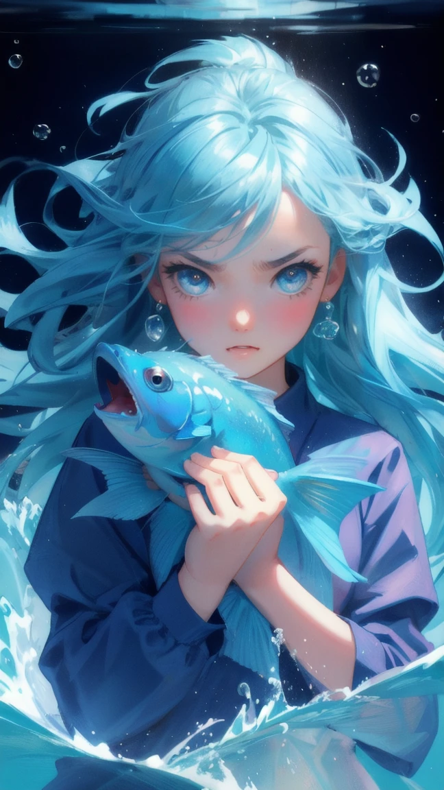 Design an image with a blue-themed background, replacing the angry fish-like creature with an adorable, cute girl. The girl should display a similar expression of exasperation, with large eyes and a wide mouth, in a dynamic, energetic pose. She is surrounded by splashing water and floating bubbles, maintaining the original scene's intensity and humor. The text 'STUCK TRANSACTION' should be included prominently in the image, keeping the playful and frustrated tone