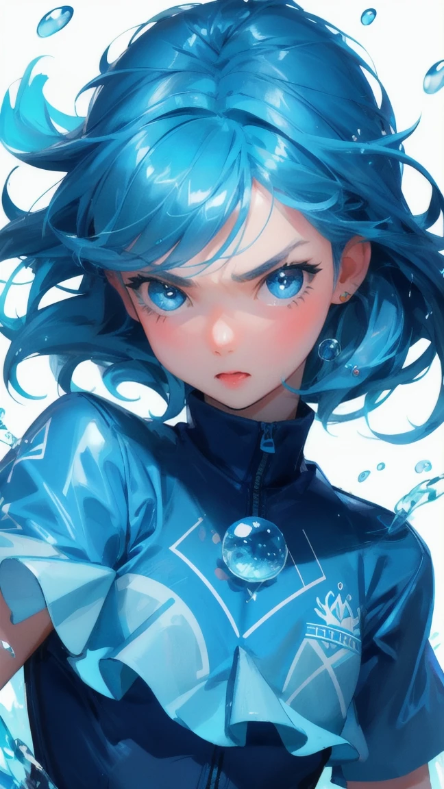 Design an image with a blue-themed background, replacing the angry fish-like creature with an adorable, cute girl. The girl should display a similar expression of exasperation, with large eyes and a wide mouth, in a dynamic, energetic pose. She is surrounded by splashing water and floating bubbles, maintaining the original scene's intensity and humor. The text 'STUCK TRANSACTION' should be included prominently in the image, keeping the playful and frustrated tone