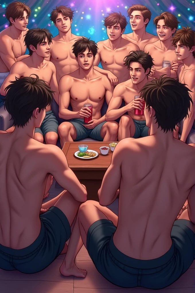 Ten shirtless boys, three of them sitting on a sofa , in a party , all looking at a front angle slightly to the left