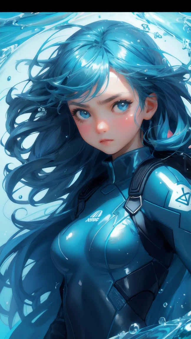 Generate an image with a blue-themed background, where a cute girl replaces the furious aquatic creature. The girl should have a similar expression of annoyance, with wide, expressive eyes and an exaggerated pose. She is encircled by water splashes and bubbles, reflecting the chaotic and humorous mood. The text 'STUCK TRANSACTION' should be clearly visible, preserving the original image's theme of frustration with a light-hearted twist.