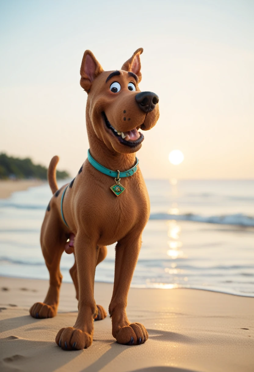 (Scooby Doo, four footed dog with dog penis) standing on a deserted beach