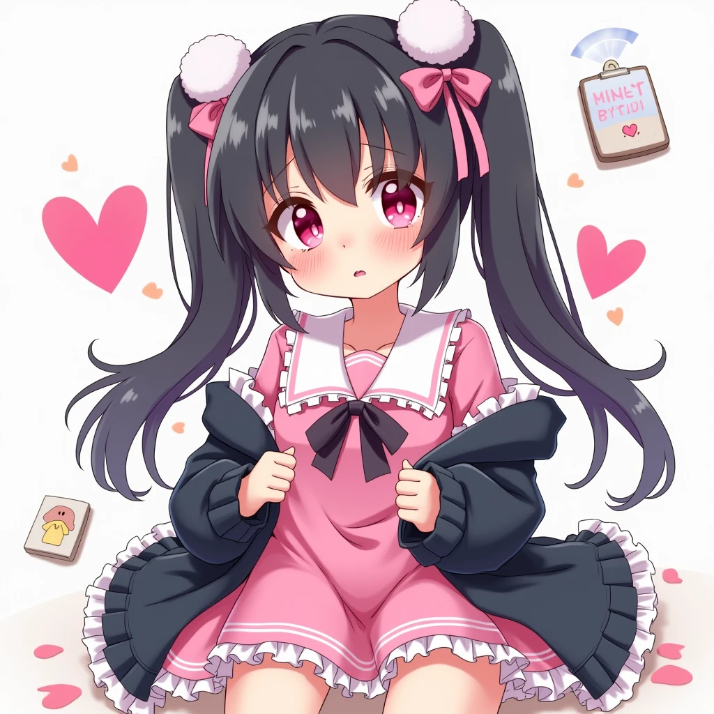 One person, Black Hair,Pink inner color,Half Twin Tail, bangs,Pink Eyes, Droopy eyes,Hearts in eyes, White fluffy hair accessory,Pink hair ribbon, An illustration,skirt,Frills,Mine system,smartphone,Pink Sailor Suit,Dark cardigan,Drooping eyes,Confused eyes,Worried brow,Yandere,Simple background,smartphone,delivery,Illness