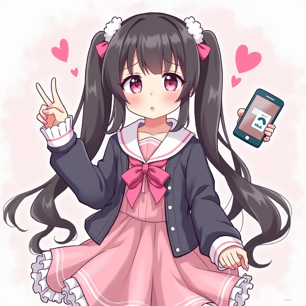One person, Black Hair,Pink inner color,Half Twin Tail, bangs,Pink Eyes, Droopy eyes,Hearts in eyes, White fluffy hair accessory,Pink hair ribbon, An illustration,skirt,Frills,Mine system,smartphone,Pink Sailor Suit,Dark cardigan,Drooping eyes,Confused eyes,Worried brow,Yandere,Simple background,smartphone,delivery,Illness