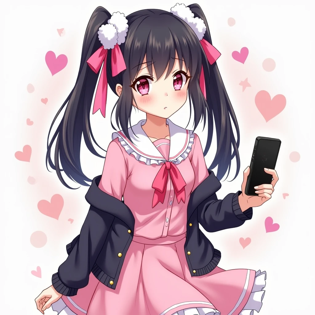 One person, Black Hair,Pink inner color,Half Twin Tail, bangs,Pink Eyes, Droopy eyes,Hearts in eyes, White fluffy hair accessory,Pink hair ribbon, An illustration,skirt,Frills,Mine system,smartphone,Pink Sailor Suit,Dark cardigan,Drooping eyes,Confused eyes,Worried brow,Yandere,Simple background,smartphone,delivery,Illness