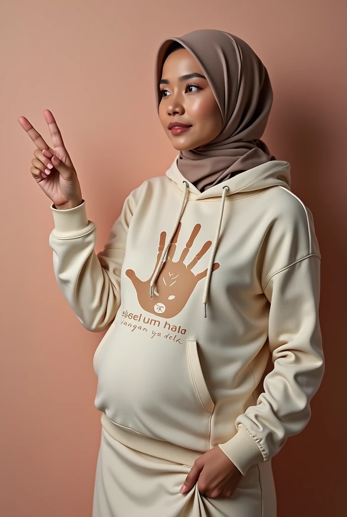 A pregnant hijaber indonesian pretty woman, wearing a cream hoodie with a strong vector design featuring a silhouetted image of a five-fingered palm with phra "SEBELUM HALAL JANGAN YA DEK" is displayed in bold simple elegand, distressed typography with pastel colours, while holding her long skirt, one-handed pose pointing upwards, background naked couples man and women  kissing, making love, jav idol, with front shooting angle, very realistic, (complex detail: 0.9), (hdr, hyperdetail: 1.2), RAW, Sony Alpha a9 II, 24-105mm f/4, HDR,