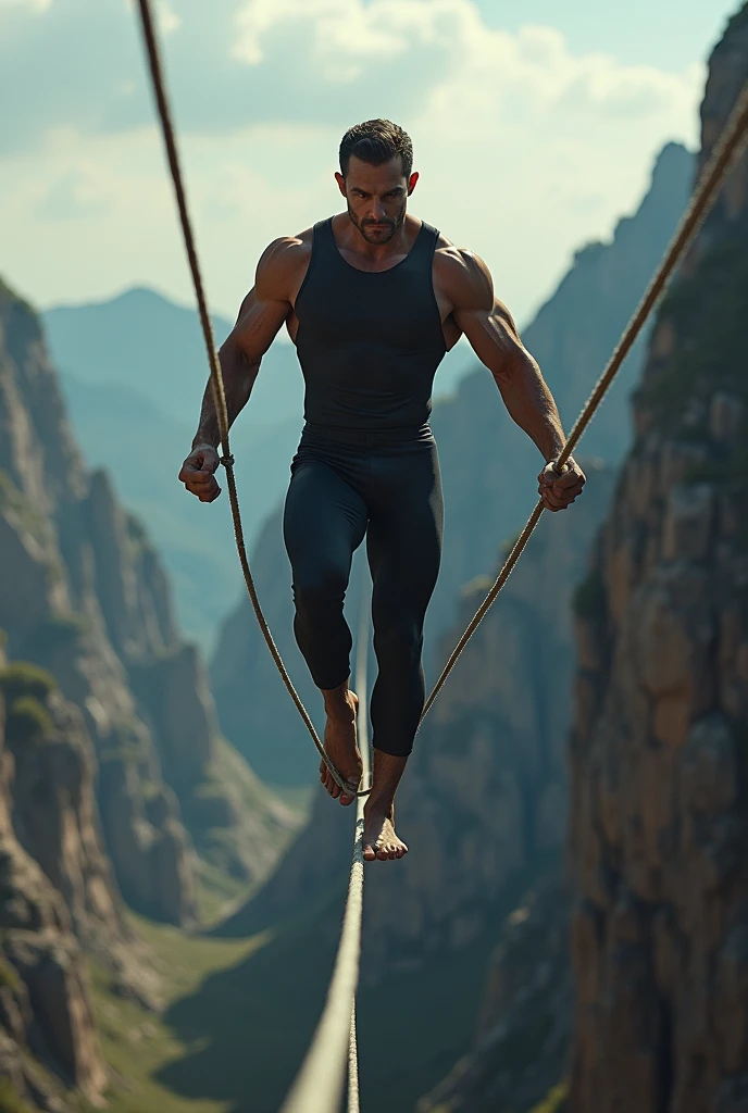 Create an image of man standing on a rope balancing himself with an safety rope attached too