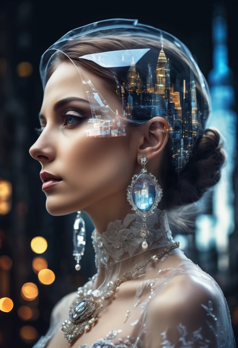 4D double exposure: Portrait of ((Transparent woman with double exposure of futuristic city streets in head)), In the background the city in Renaissance costume, Oil painting, 3/4 Profile view, beautiful pearl necklace, luxurious fabrics, detailed embroidery, Atmospheric light-dark lighting, High resolution