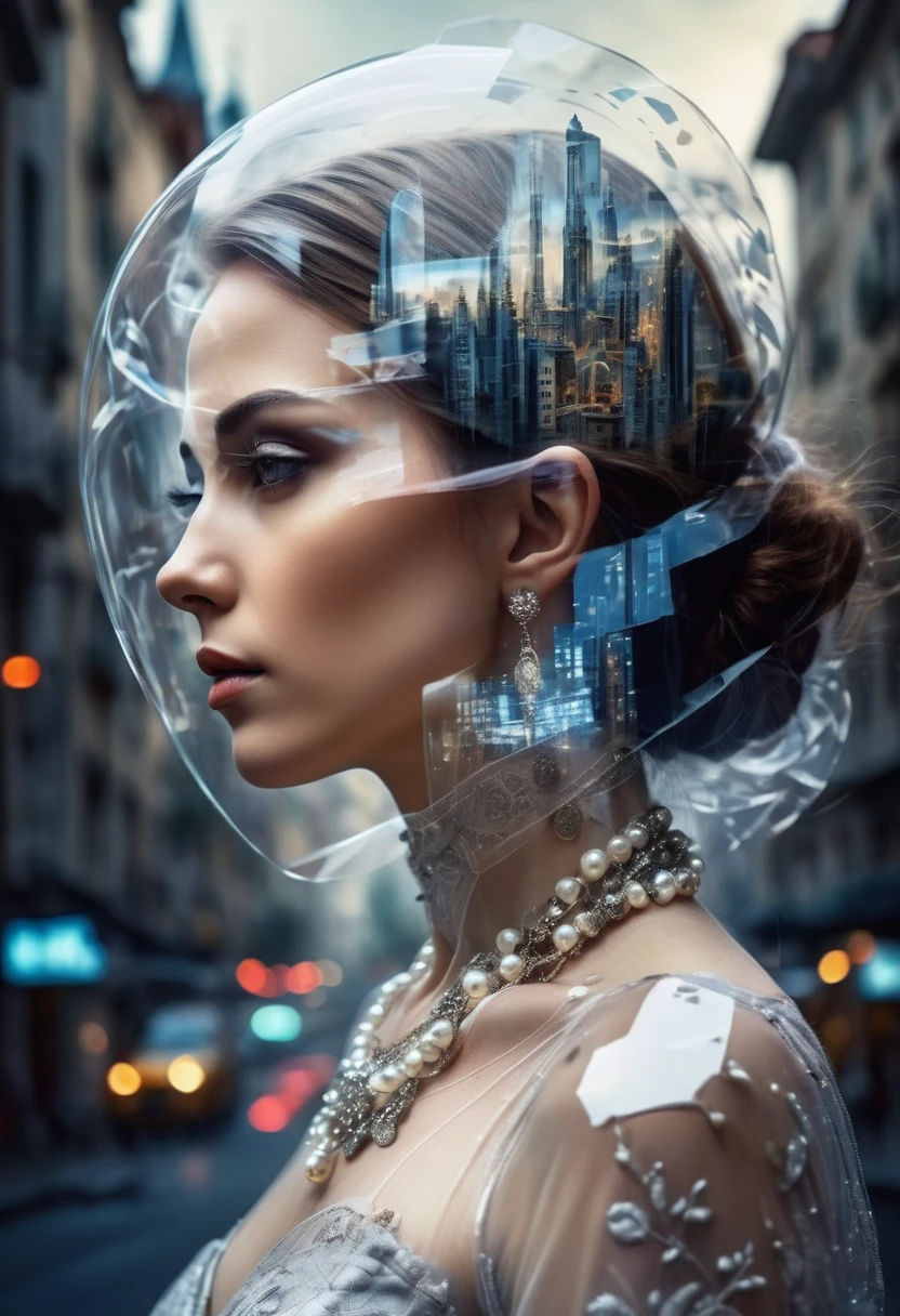 4D double exposure: Portrait of ((Transparent woman with double exposure of futuristic city streets in head)), In the background the city in Renaissance costume, Oil painting, 3/4 Profile view, beautiful pearl necklace, luxurious fabrics, detailed embroidery, Atmospheric light-dark lighting, High resolution