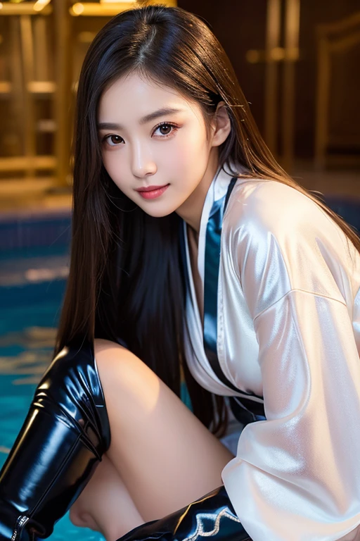 Latex bodysuit、Knee-high boots、Huge 、Long brown hair、Shiny, Oily skin、Glowing Skin、Indoor competition pool、White skin、 Beautiful woman in kimono，Body Portrait、8k，Beautiful and beautiful eyes，Dindal effect、masterpiece, 最high quality, high quality, High resolution、Very detailed photos、(Natural skin texture、Fine skin、Hyperrealism、Ultra Sharpness)、Skin with attention to detail、(Very detailed、Fine skin texture、Intricate details、Beautiful Face、(A vivid face)、Realistic eyes、Beautiful and detailed、Realistic Skin、Beautiful Skin、Surreal、Very detailed、Golden Ratio、With a smile、((Night moonlight background))、Body Portrait、glamorous,Shinyボディスーツ