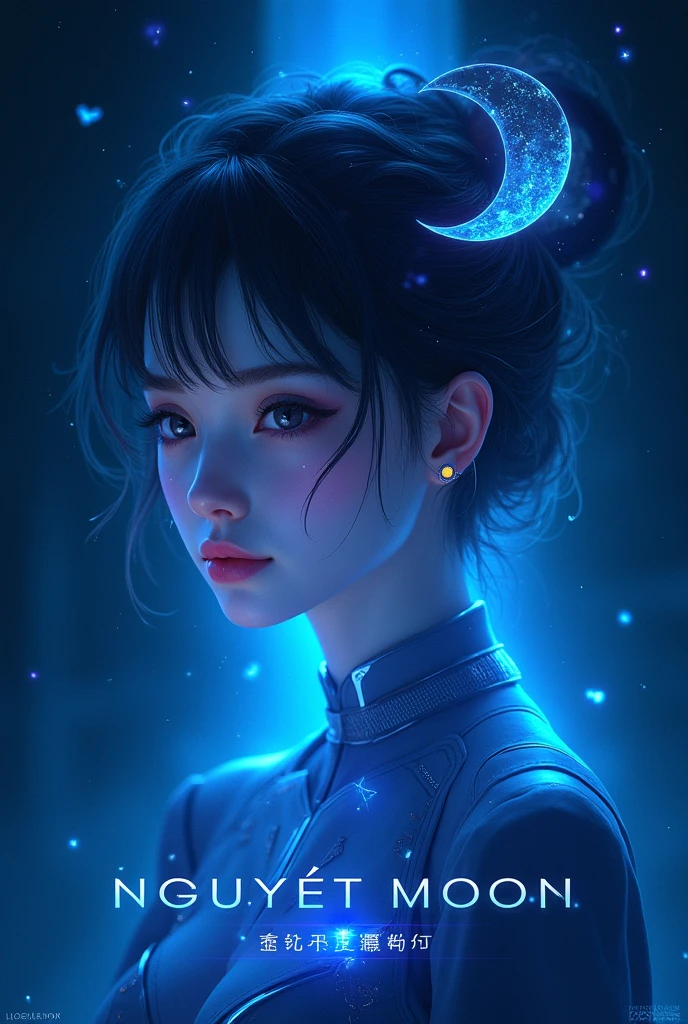 this is a game logo that includes the name" Nguyet moon " in a futuristic font and the color Blue, the girl with haft moon