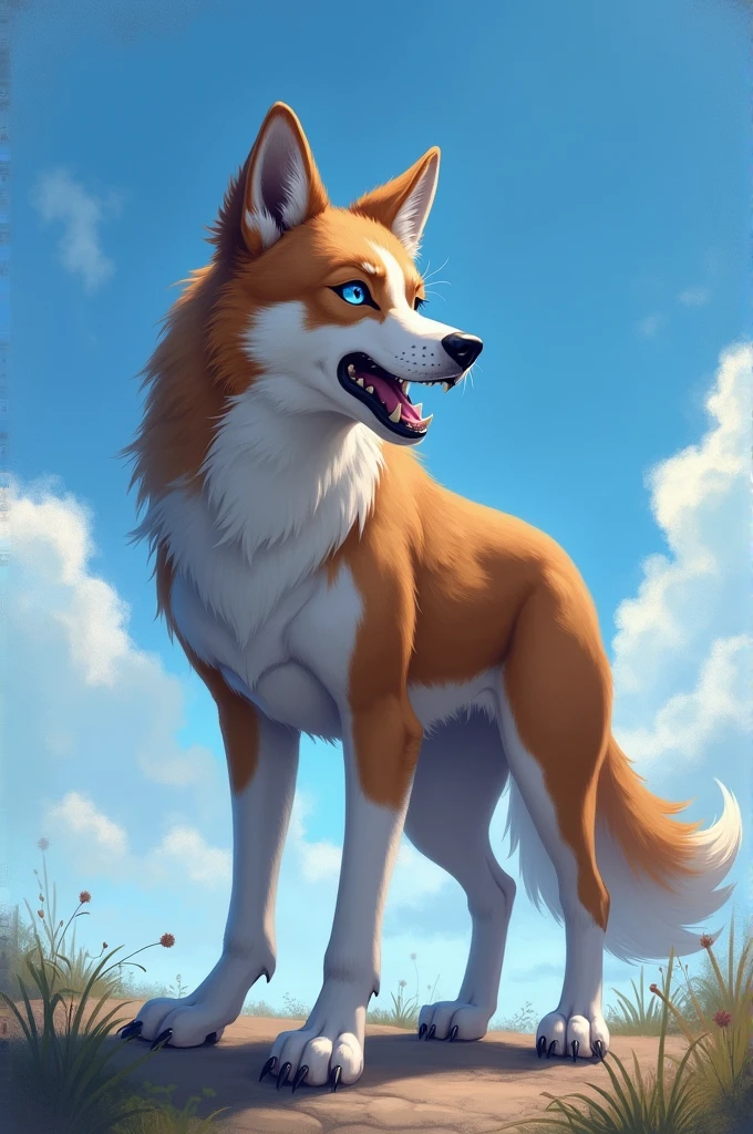 score_9, score_8_up, score_7_up, score_6_up,aleu, open mouth, blue eyes, outdoors, sky, day, blue sky, no humans, colored sclera, dog, animal focus, animalization, 1girl, wolf, animal, body fur, two tone fur, yellow sclera Balto brown body white body