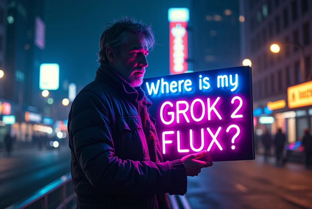 hyperrealistic lifelike photo of a homeless man wearing an elaborate outfit, holding a big blue and purple neon sign that says "Where is my "GROK 2 FLUX"?" He's' standing in front of an extremely detailed city background in the style of Roger Deakins, at night.